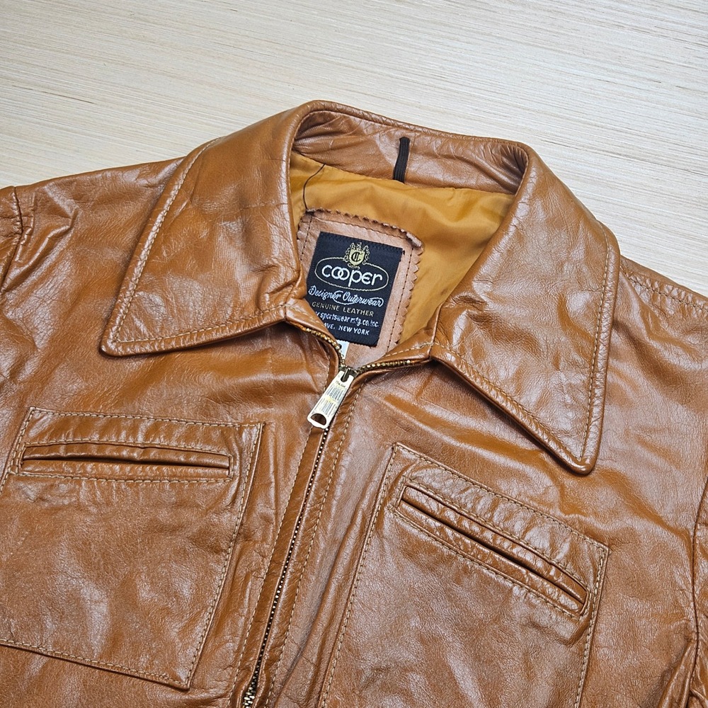 Vintage 70s Cooper Sportswear Leather Jacket Mens 42L Brown Safari Utility Zip